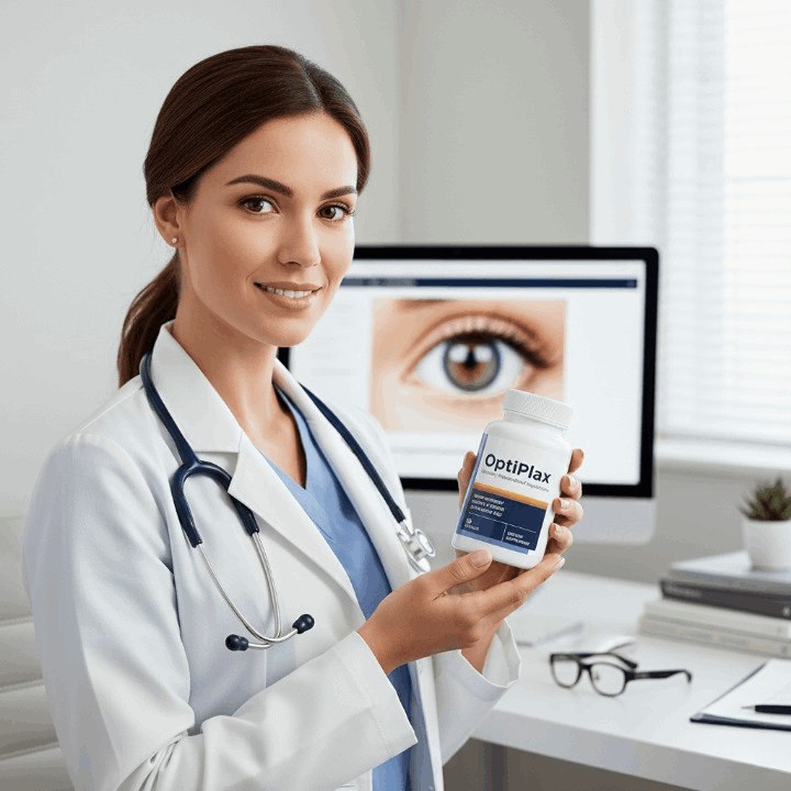 eye surgeon holding OptiPlax bottle
