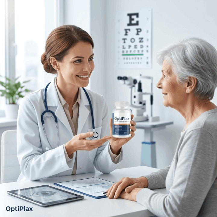 lady doctor holding bottle of OptiPlax 
